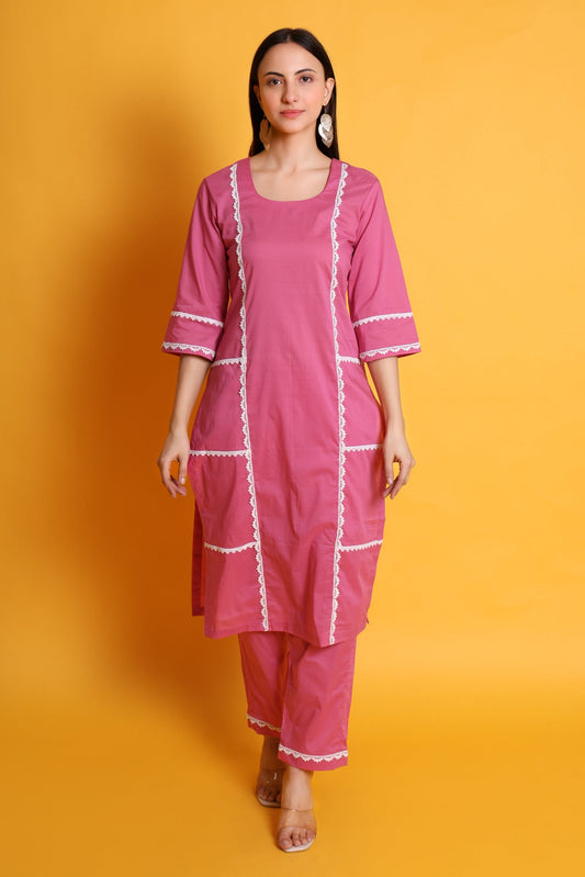 Pure Cotton Chicken Lace Work Kurta Set