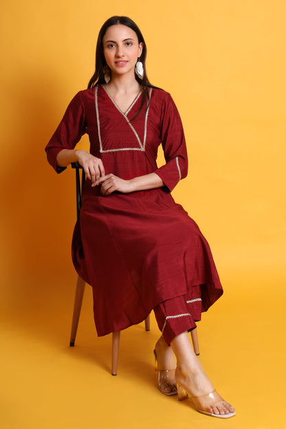 Satin Dupion Kurta Set with Lace Work