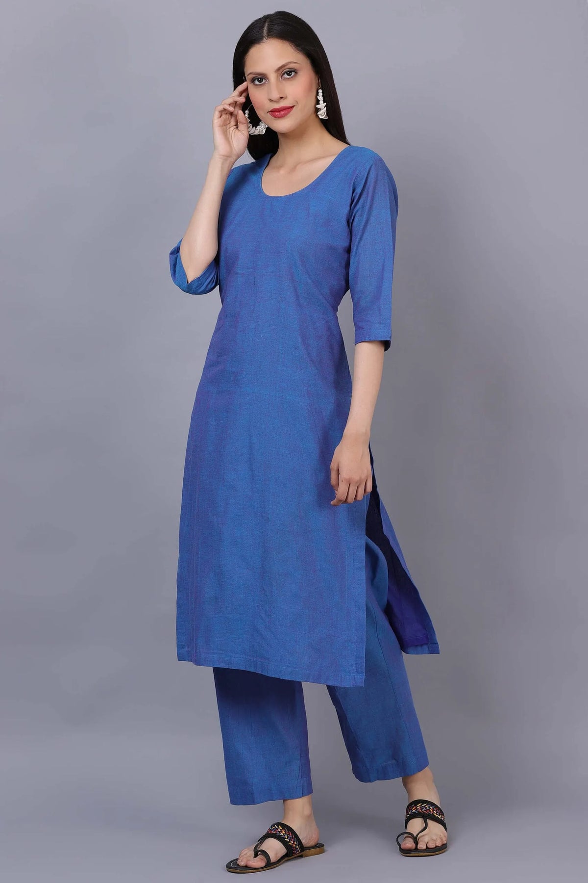 Blue Cotton Kurta Set with Phulkari Dupatta