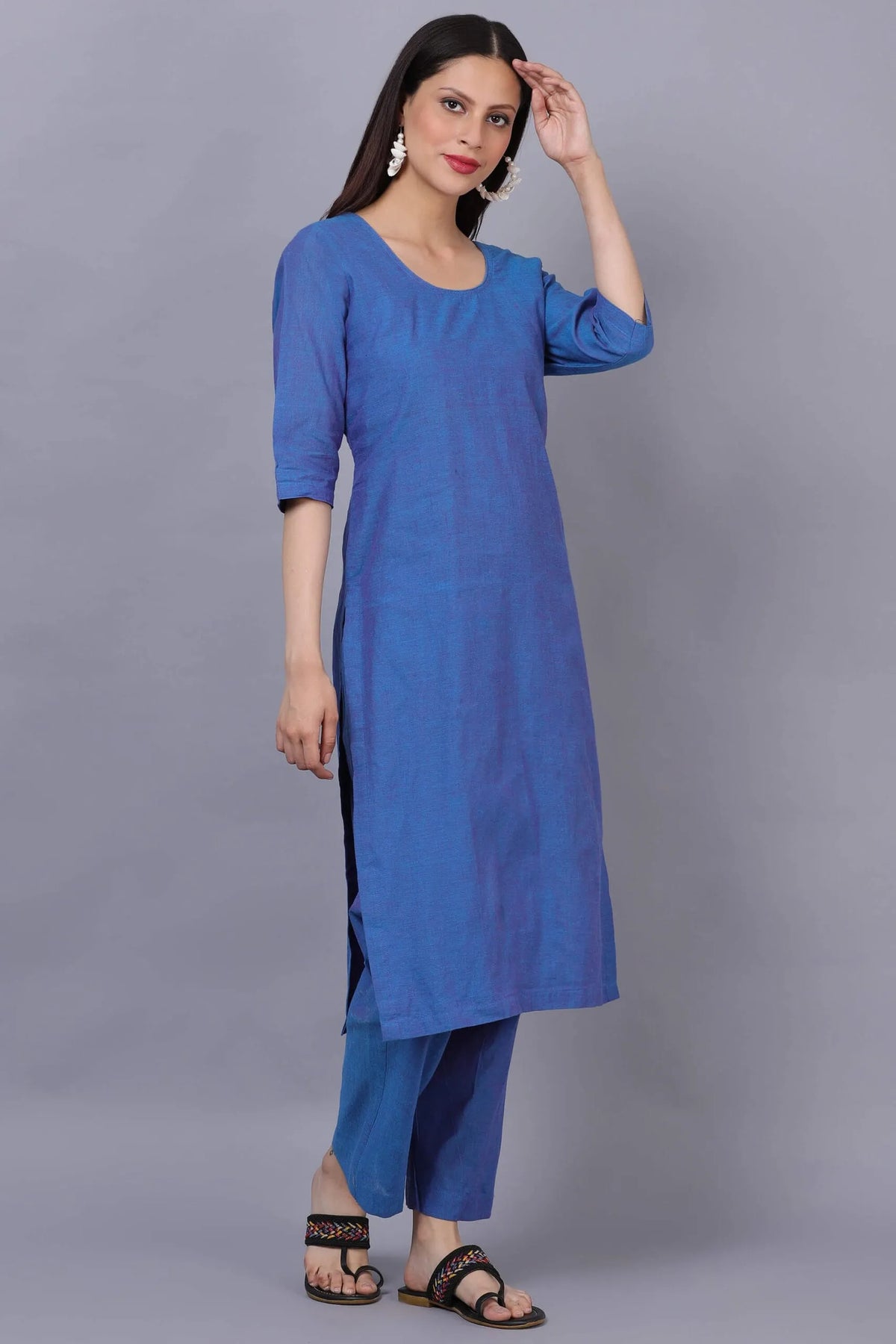 Blue Cotton Kurta Set with Phulkari Dupatta