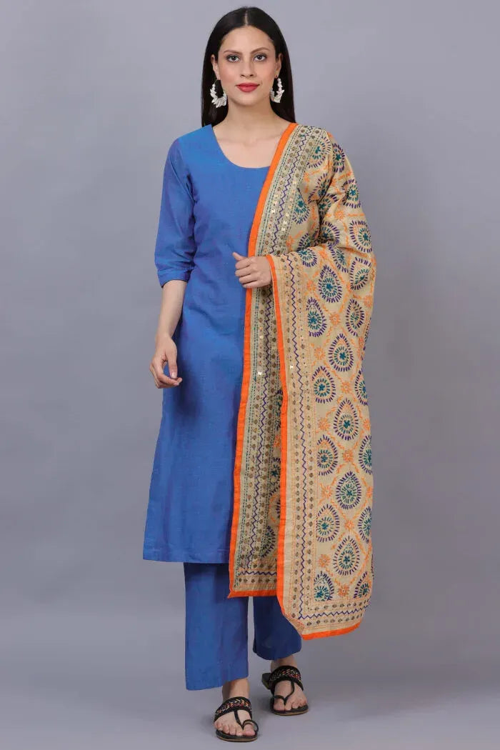 Blue Cotton Kurta Set with Phulkari Dupatta - XS