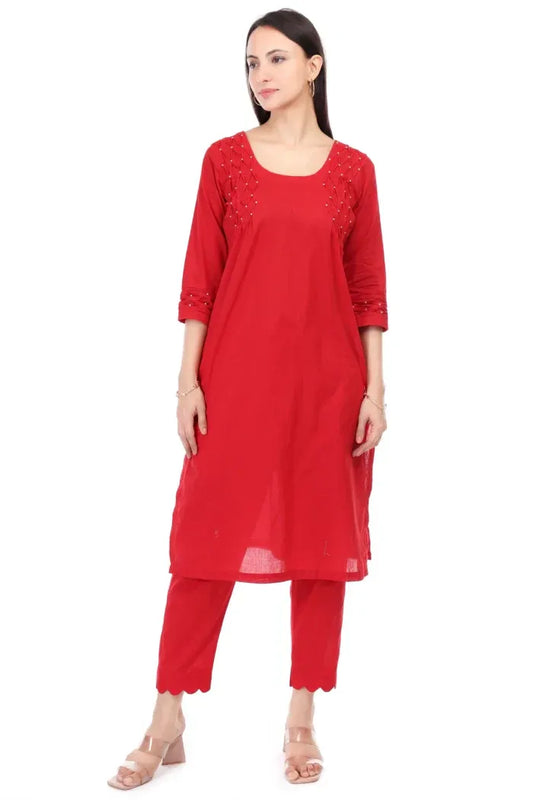 Cambric cotton kurta set with pearl embroidery - XS