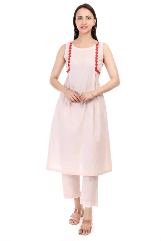 Cambric cotton sleeveless kurta set with lace work - XS