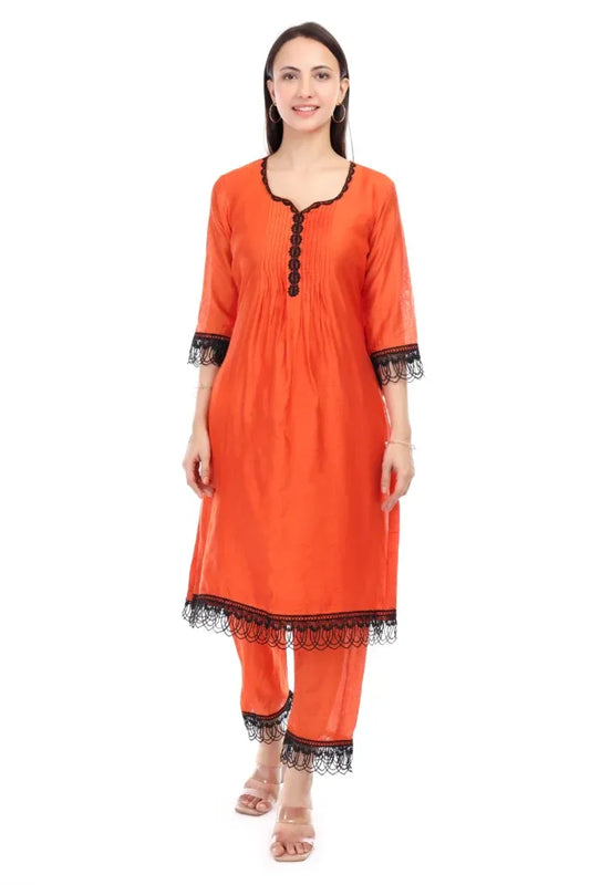 Chanderi kurta set with lace work - XS