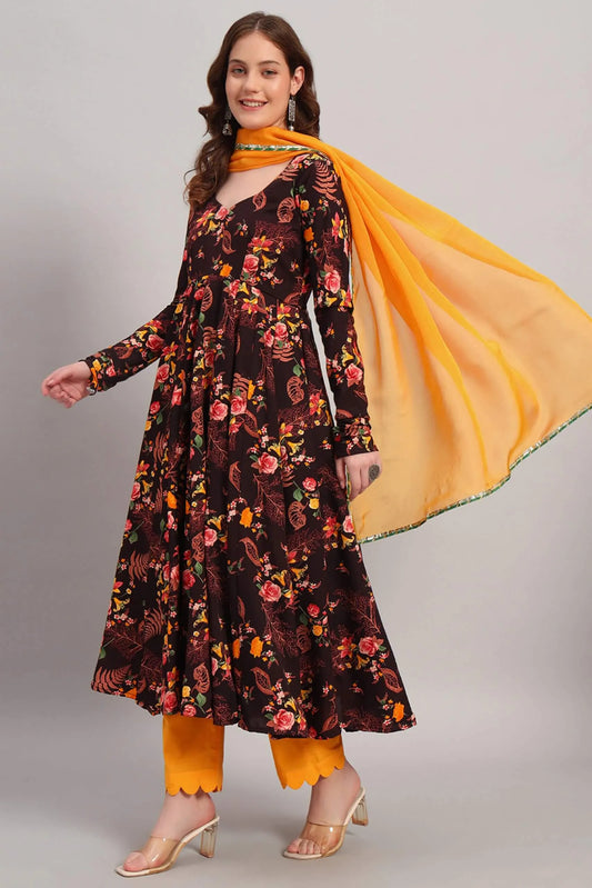Crepe Floral Print Anarkali Kurta Set