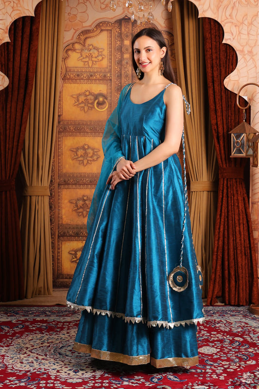 Double Layered Raw Silk Anarkali with Organza Dupatta