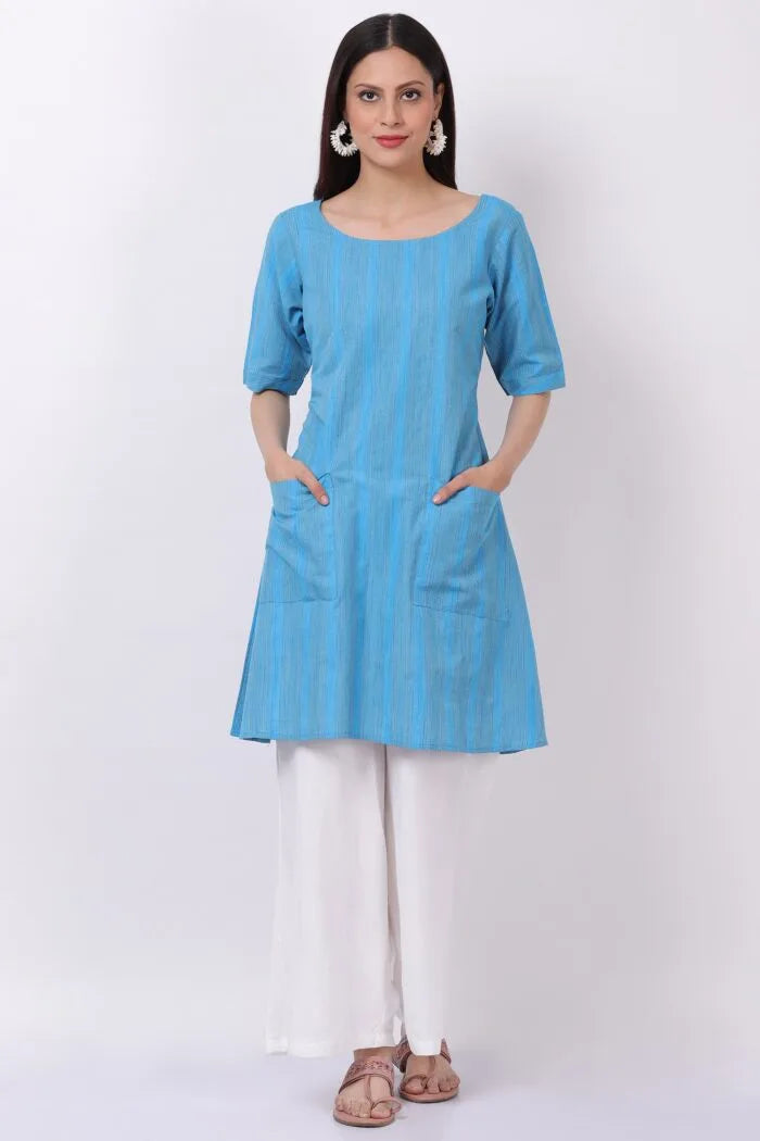 Blue Handloom cotton kurti with Palazzo