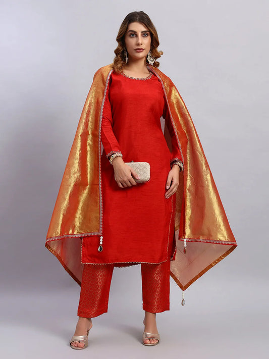 Hand Embroided Kurta and Banarasi Pant with Tissue Silk Dupatta
