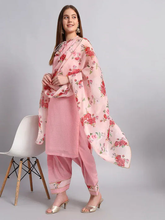 Kotadoria Kurta Set with Organza Floral Dupatta
