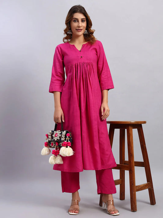 Magenta Handloom Cottom Gathered Kurta Set