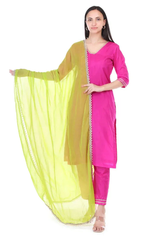 Magenta Silk kurta set with Organza Dupatta - XS