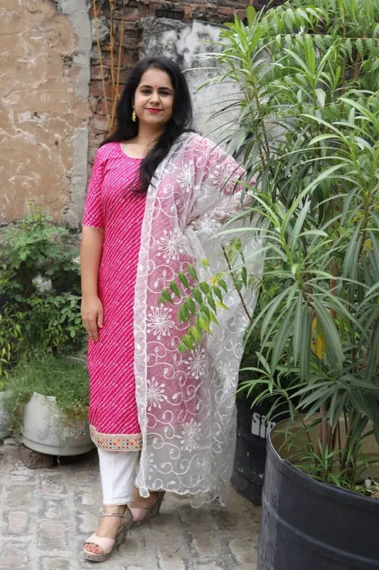 Magenta Upada Bandhani Kurta Set with dupatta - XS