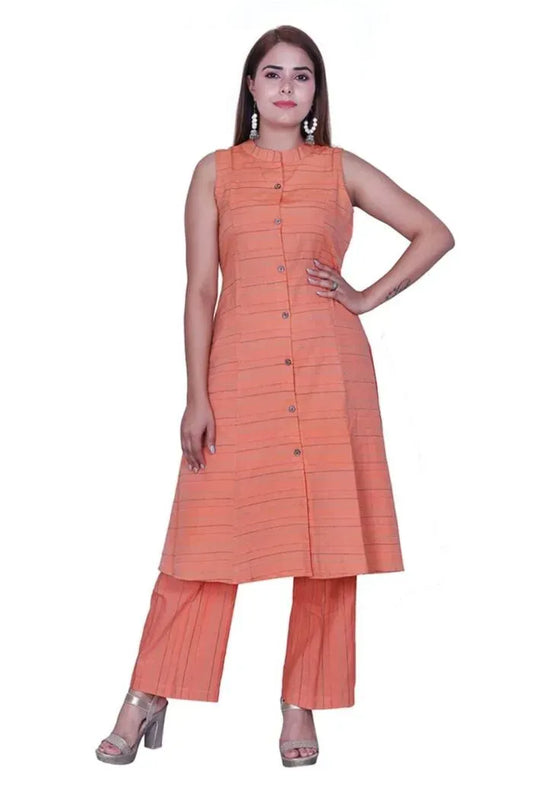 Orange Handloom Blend Cotton Kurta set - XS