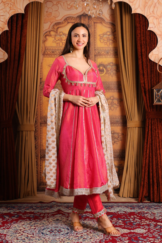 Pink Tissue Silk Anarkali Kurta Set