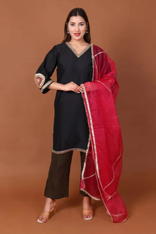 Silk Kurta Set with Brocade Pant and Organza Dupatta