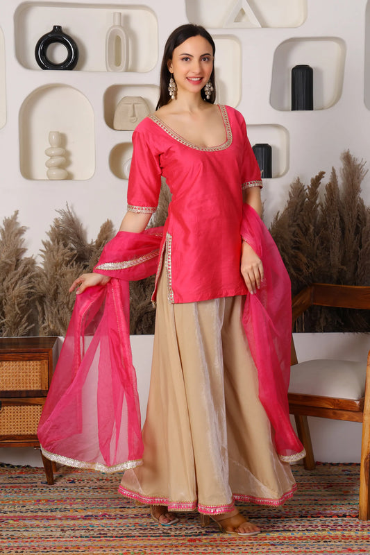 Silk Kurta with Velvet Sharara and Organza Dupatta