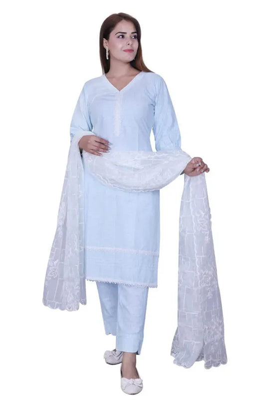 Sky Blue Cotton Kurta Set Dupatta - XS