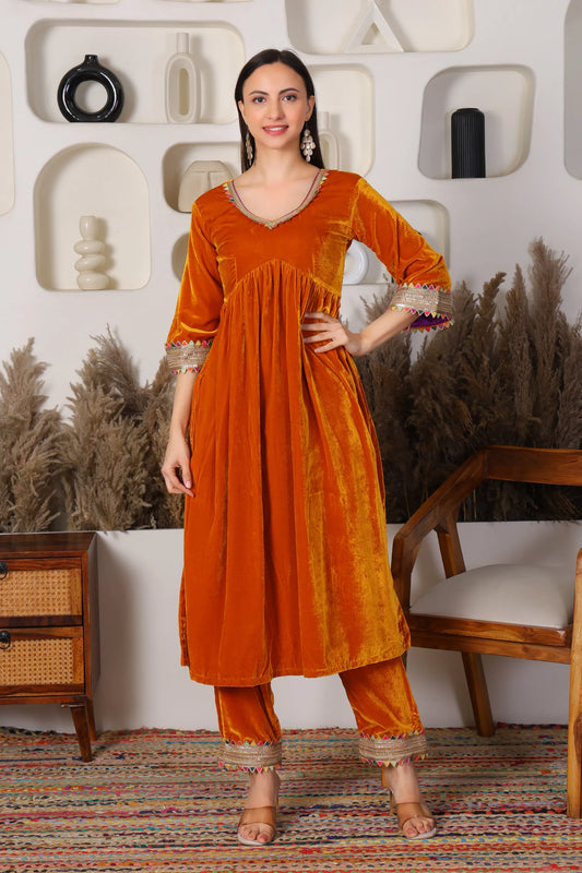 Velvet Gathered Kurta Set