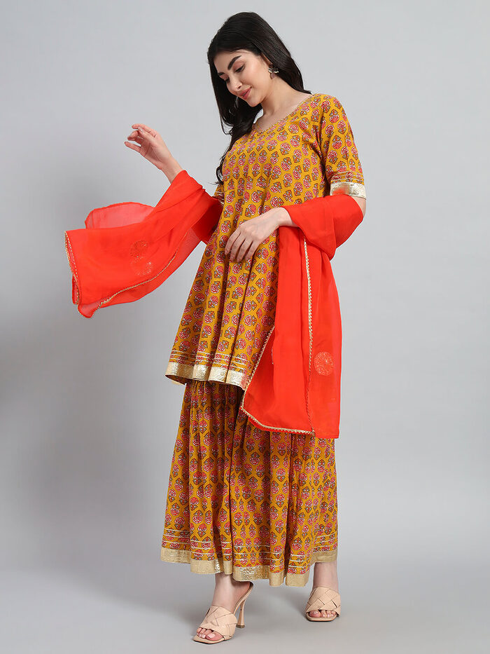 Hand Block Sharara Set with Organza Dupatta - Image 1
