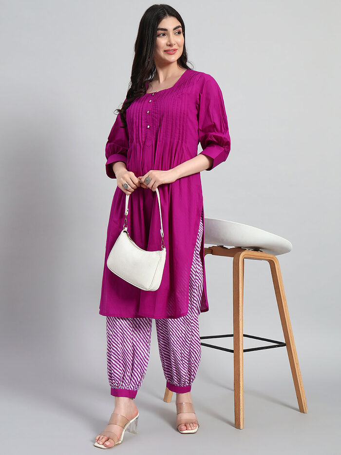 Plain Kurta With Leheria Afghani Salwar - Image 1