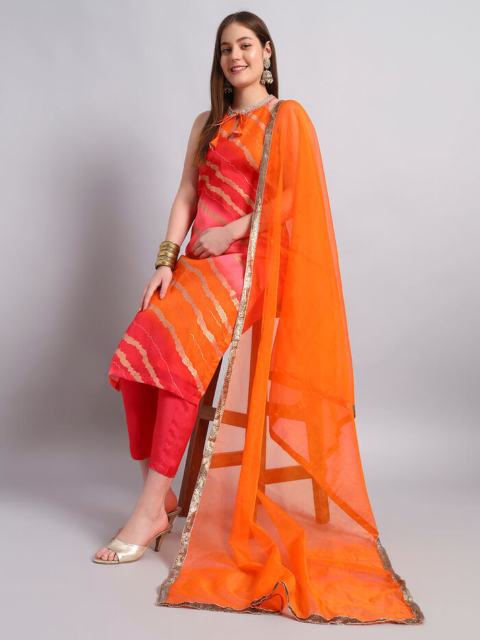 Kotadoria Leheria Kurta Set with Organza Dupatta - Image 1