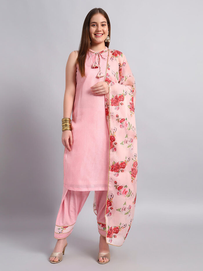 Kotadoria Kurta Set with Organza Floral Dupatta - Image 2