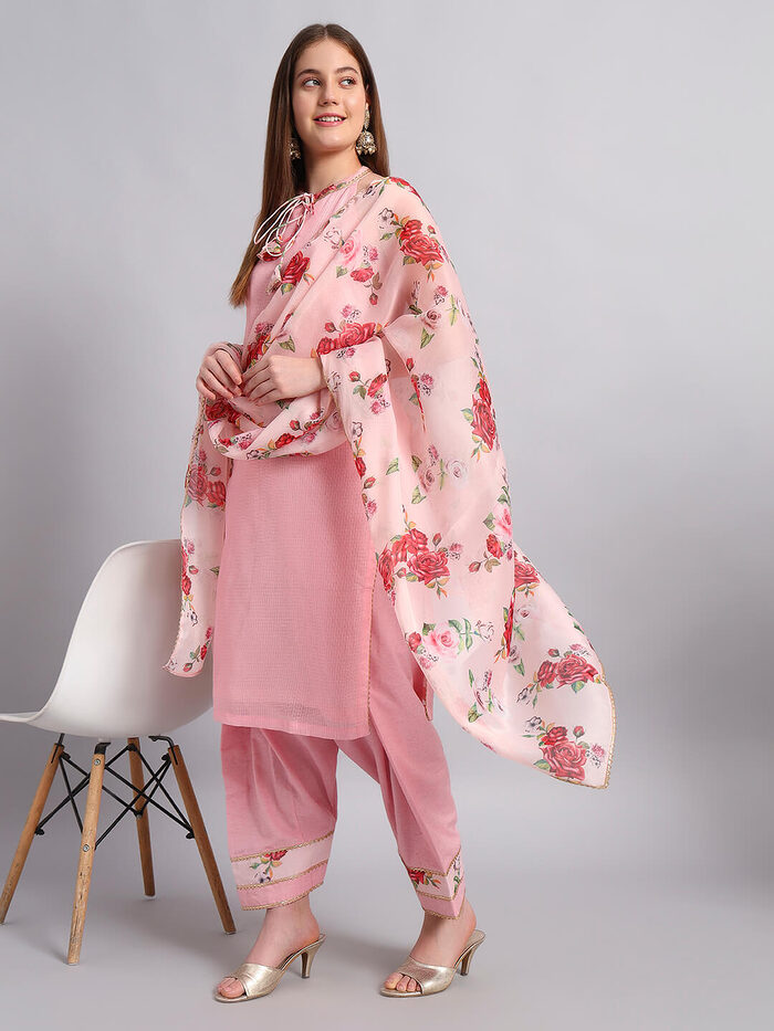 Kotadoria Kurta Set with Organza Floral Dupatta - Image 1
