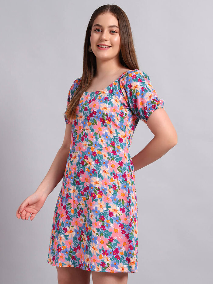 Crepe Floral Print Short Dress - Image 5