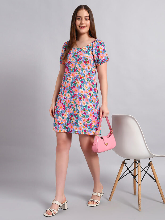Crepe Floral Print Short Dress - Image 1